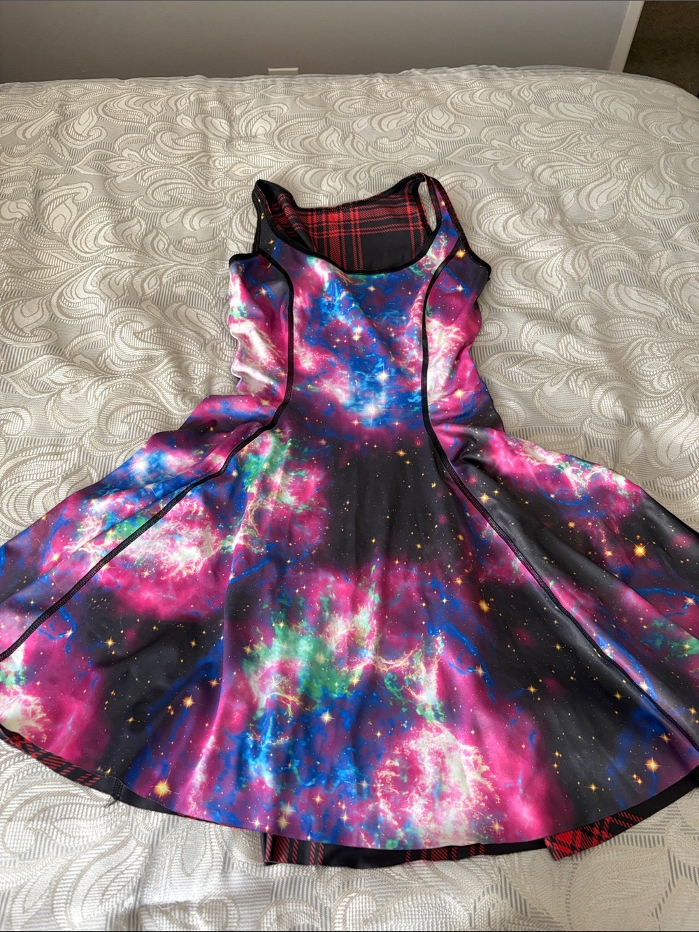 Black and red tartan vs galaxy inside out dress blackmilk
